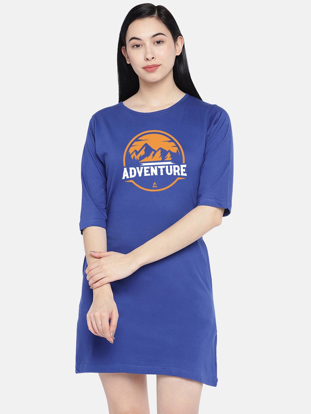 

STATUS MANTRA Typography Printed Pure Cotton T-shirt Dress, Blue
