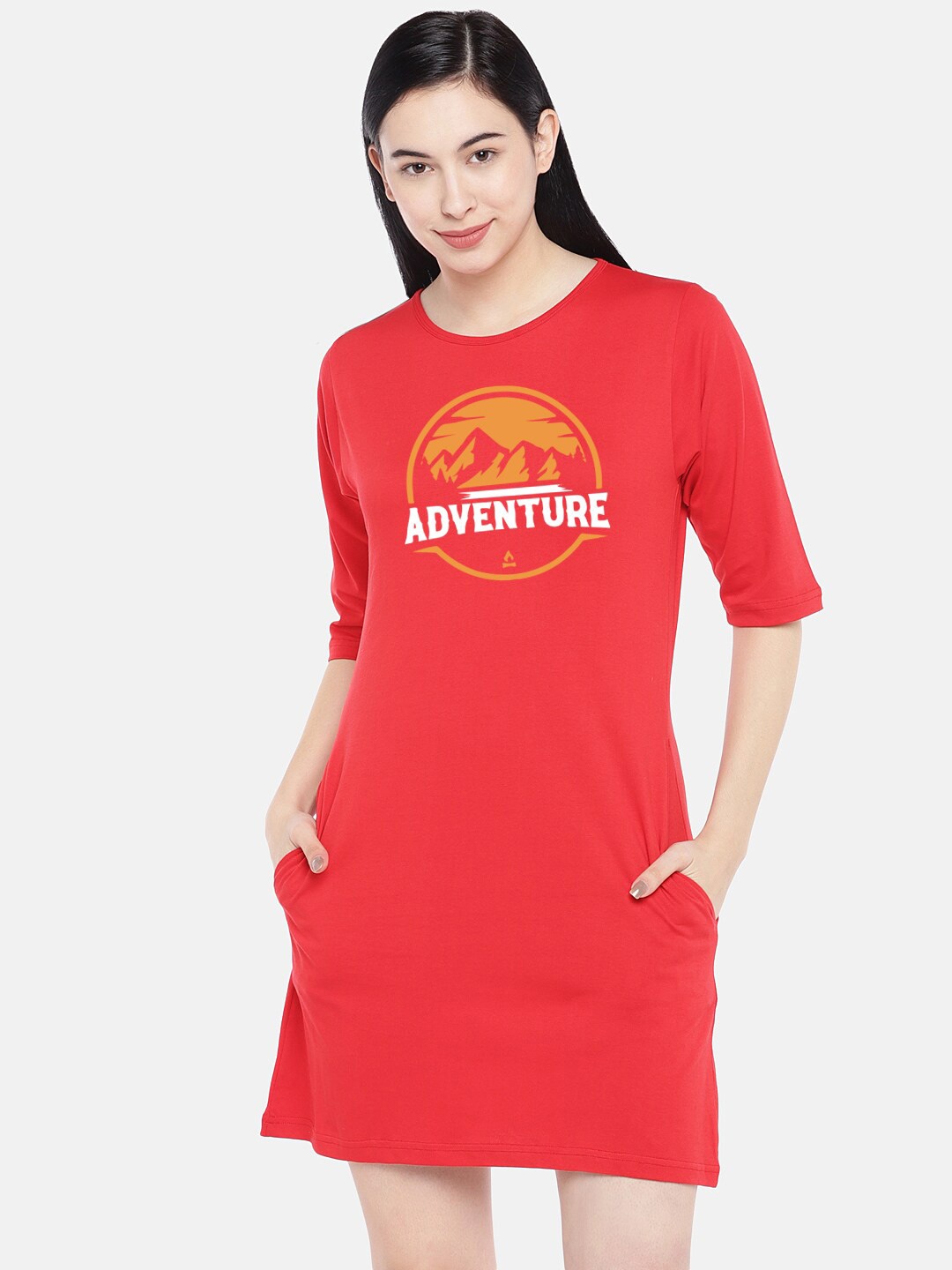 

STATUS MANTRA Typography Printed Pure Cotton Mini T-shirt Dress, Red