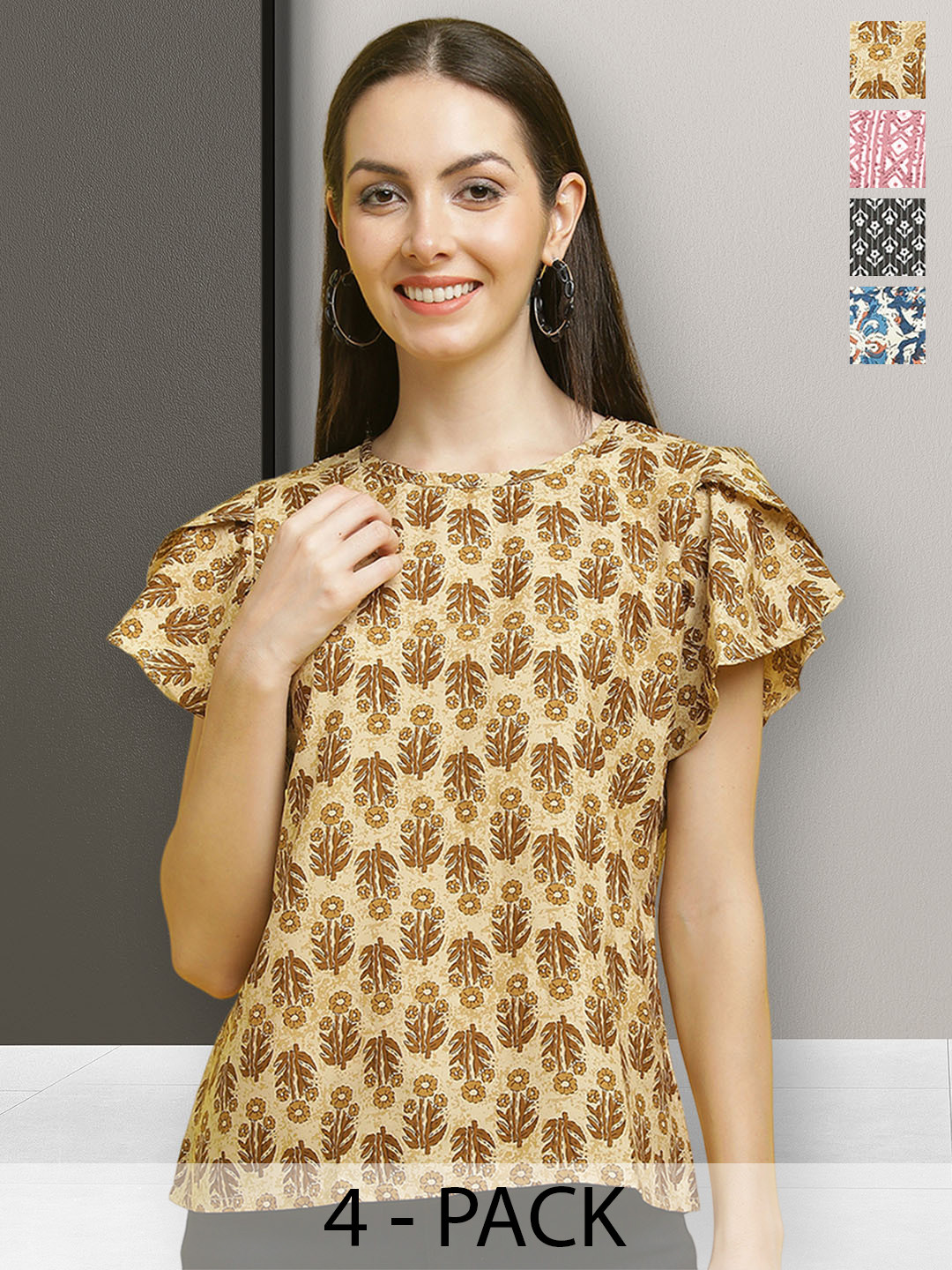 

Poshyaa Multicoloured Floral Print Flutter Sleeve Crepe Top, Multi