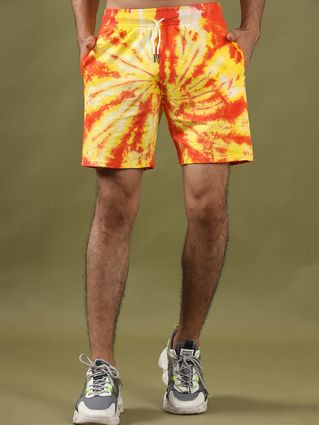 

Tistabene Men Tie-Dye Printed Mid Rise Cotton Shorts, Yellow