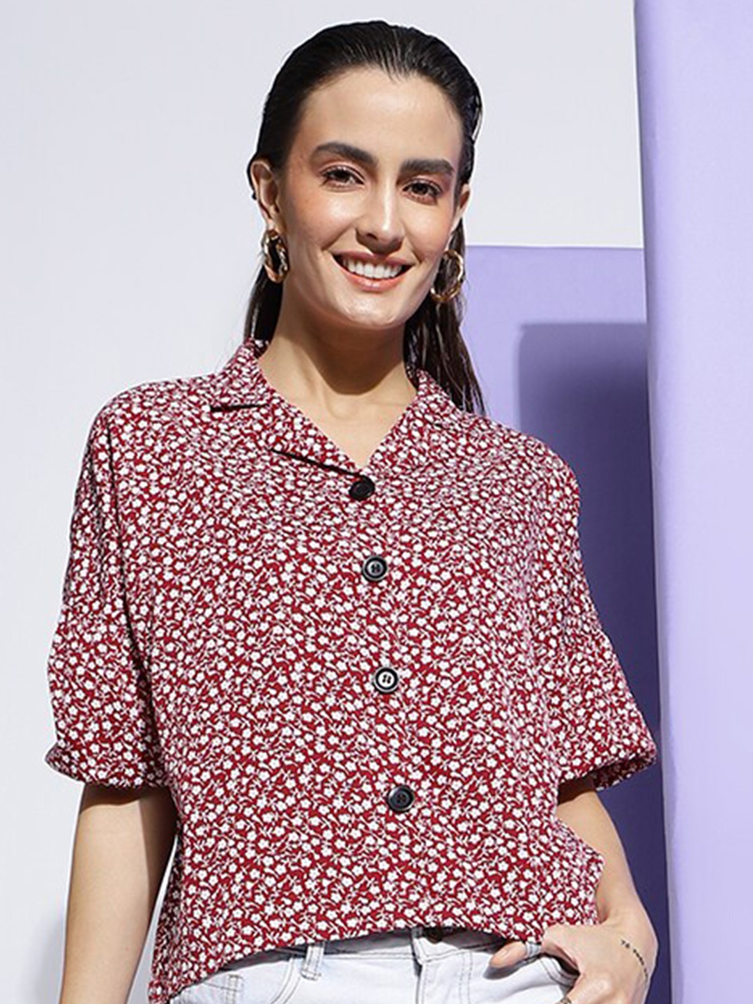 

Colors of Earth Floral Printed Cuban Collar Oversized Casual Shirt, Maroon