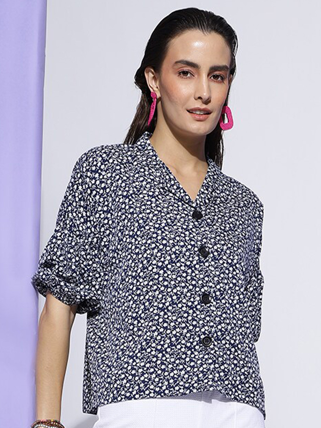 

Colors of Earth Floral Printed Cuban Collar Oversized Casual Shirt, Blue