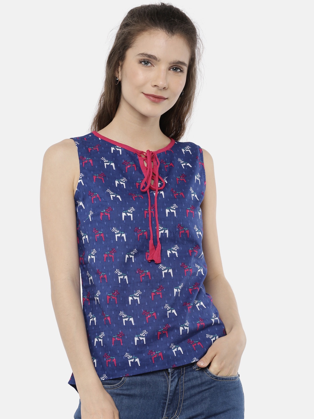 

Bronz Women Blue Printed Pure Cotton Top