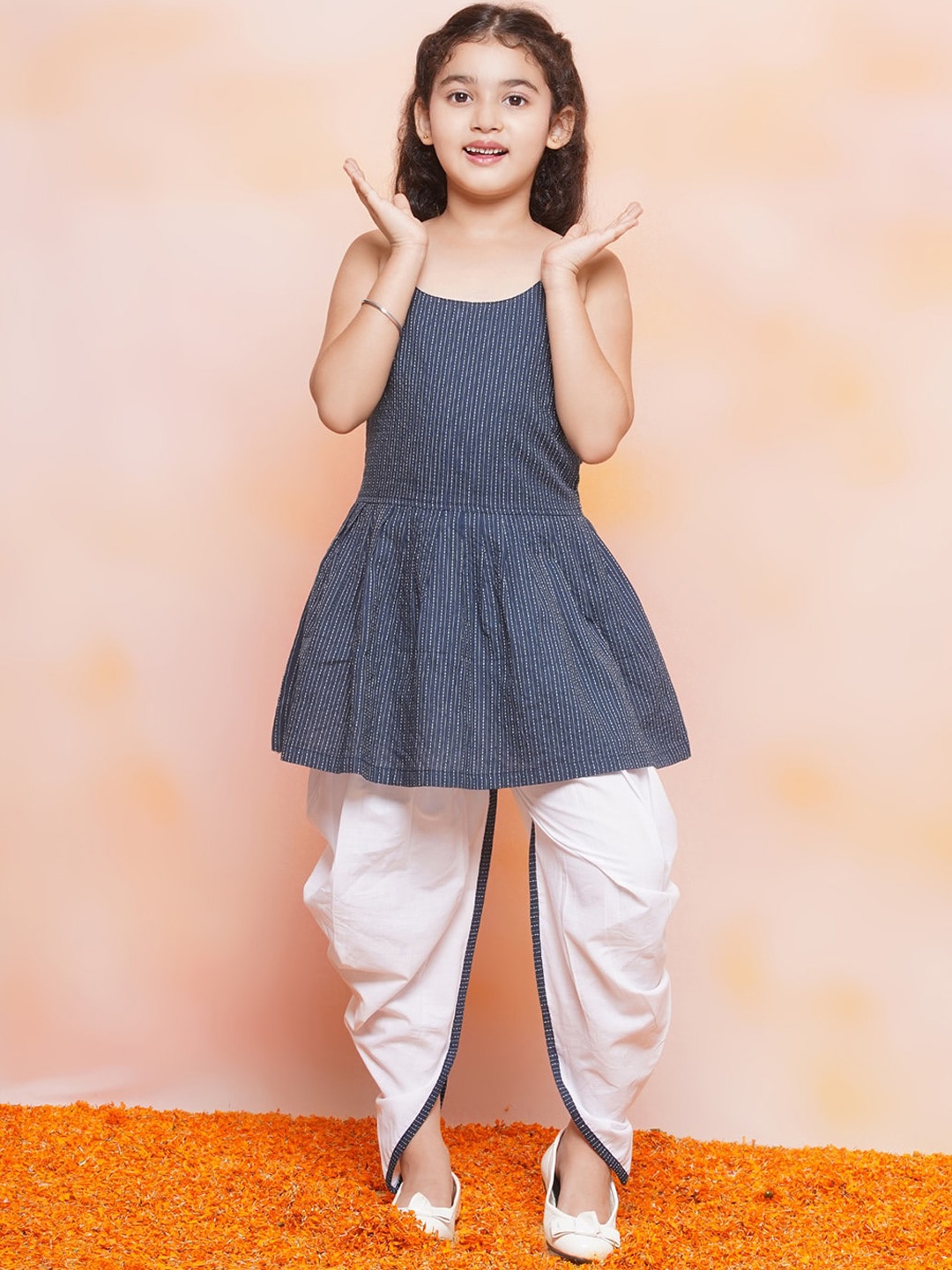 

Aj DEZInES Girls Striped A-Line Pure Cotton Kurta with Dhoti Pants, Blue