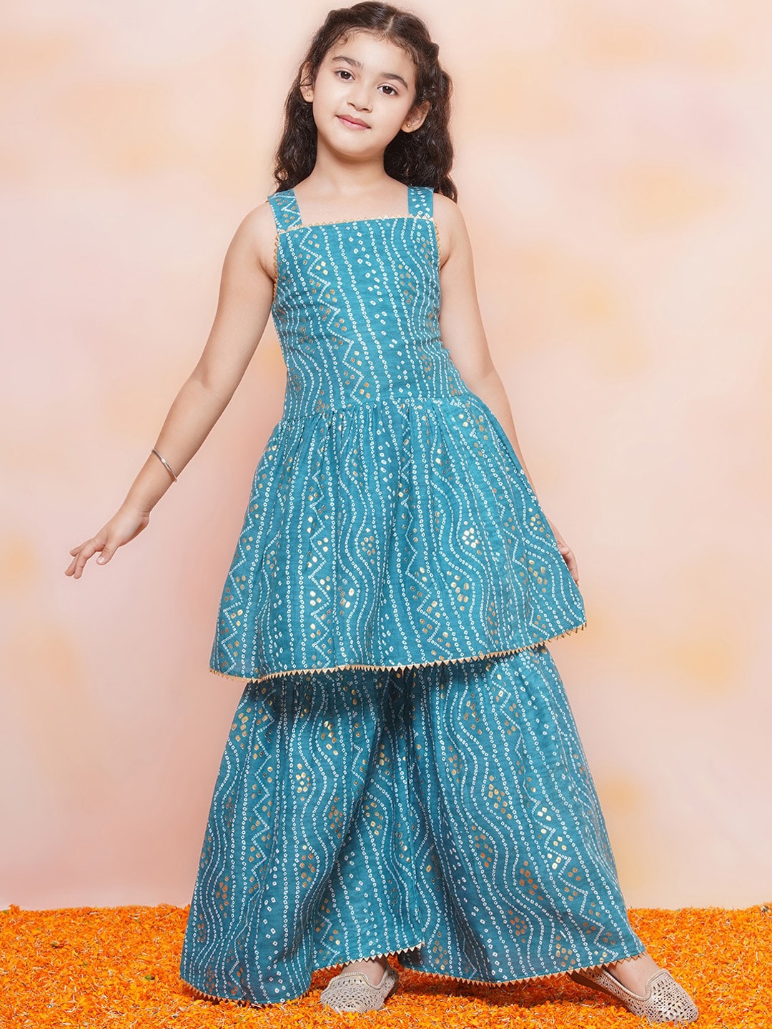 

Aj DEZInES Girls Bandhani Printed Empire Gotta Patti Pure Cotton Kurta with Sharara, Blue