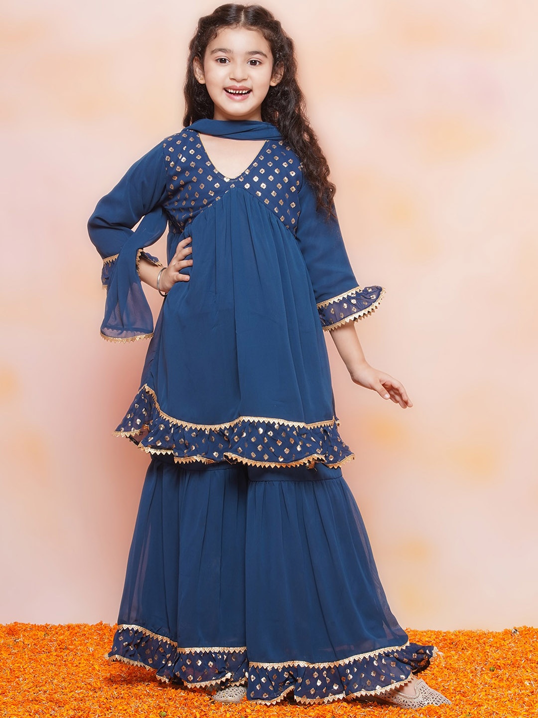 

Aj DEZInES Girls Ethnic Motifs Yoke Design Empire Georgette Kurta with Sharara & Dupatta, Teal