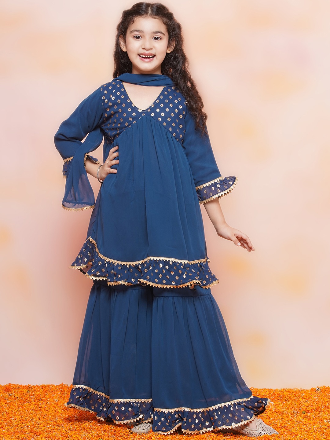 

Aj DEZInES Girls Ethnic Motifs Yoke Design Empire Georgette Kurta with Sharara & Dupatta, Teal