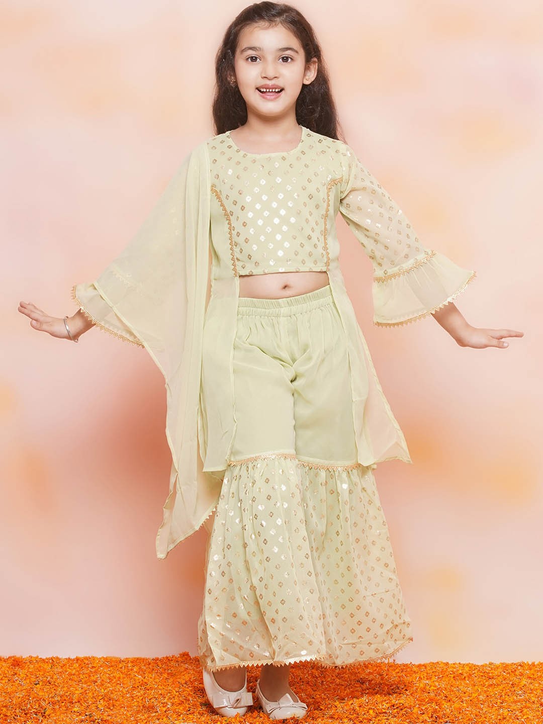

Aj DEZInES Girls Ethnic Motifs Printed Georgette Regular Kurta With Sharara & Dupatta, Green