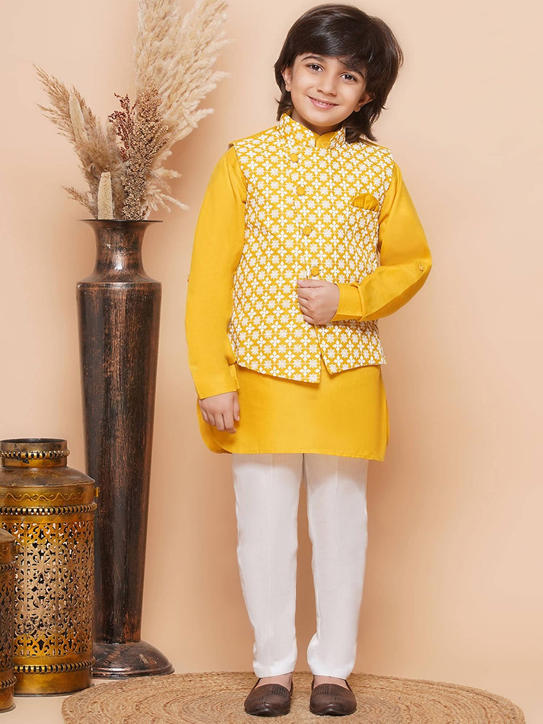 

Aj DEZInES Boys Mandarin Collar Regular Pure Cotton Kurta With Pyjamas & Nehru Jacket, Yellow