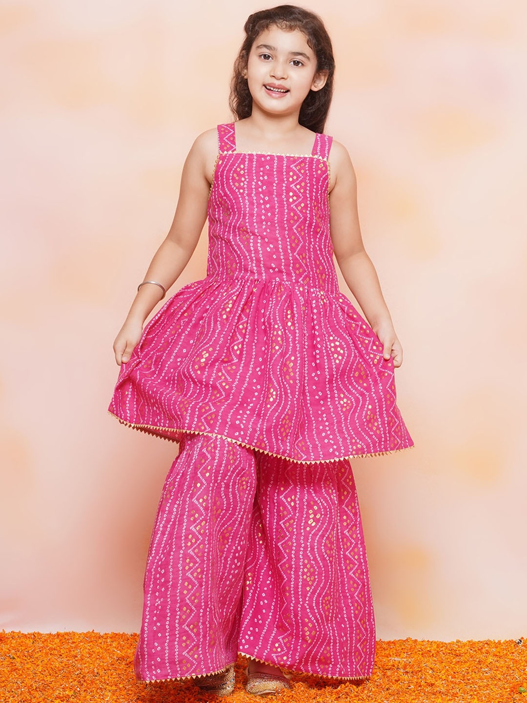 

Aj DEZInES Girls Bandhani Printed A-Line Gotta Patti Pure Cotton Kurta With Sharara, Pink