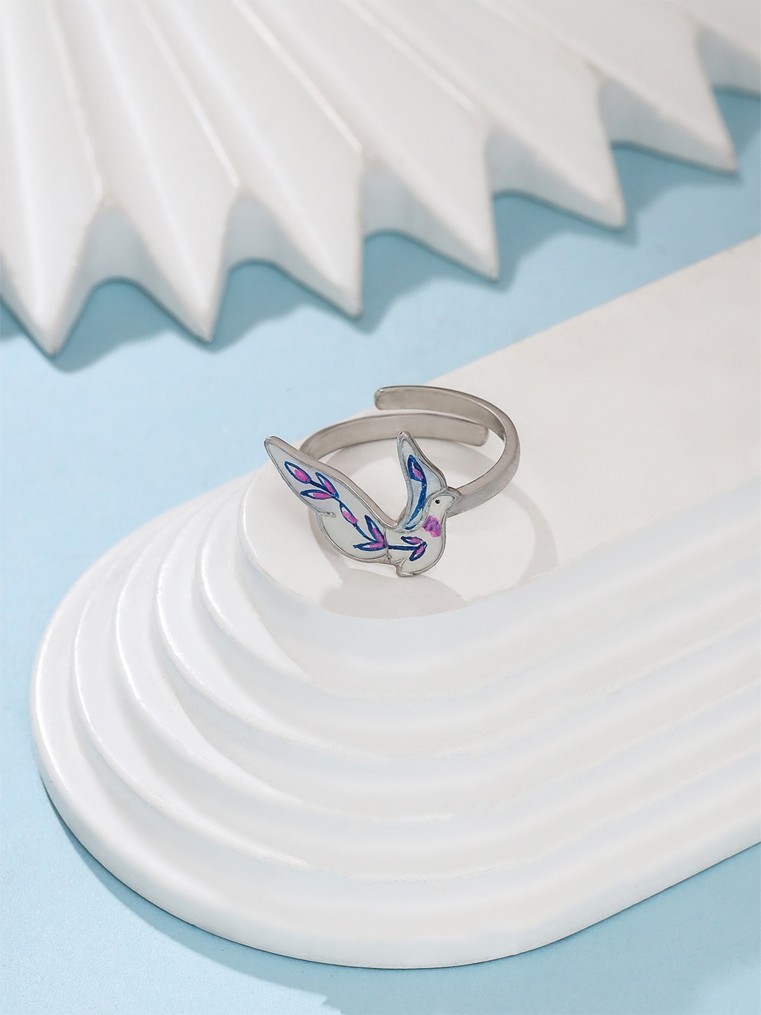 

925 Sterling Silver Enameled Bird Adjustable Ring For Women