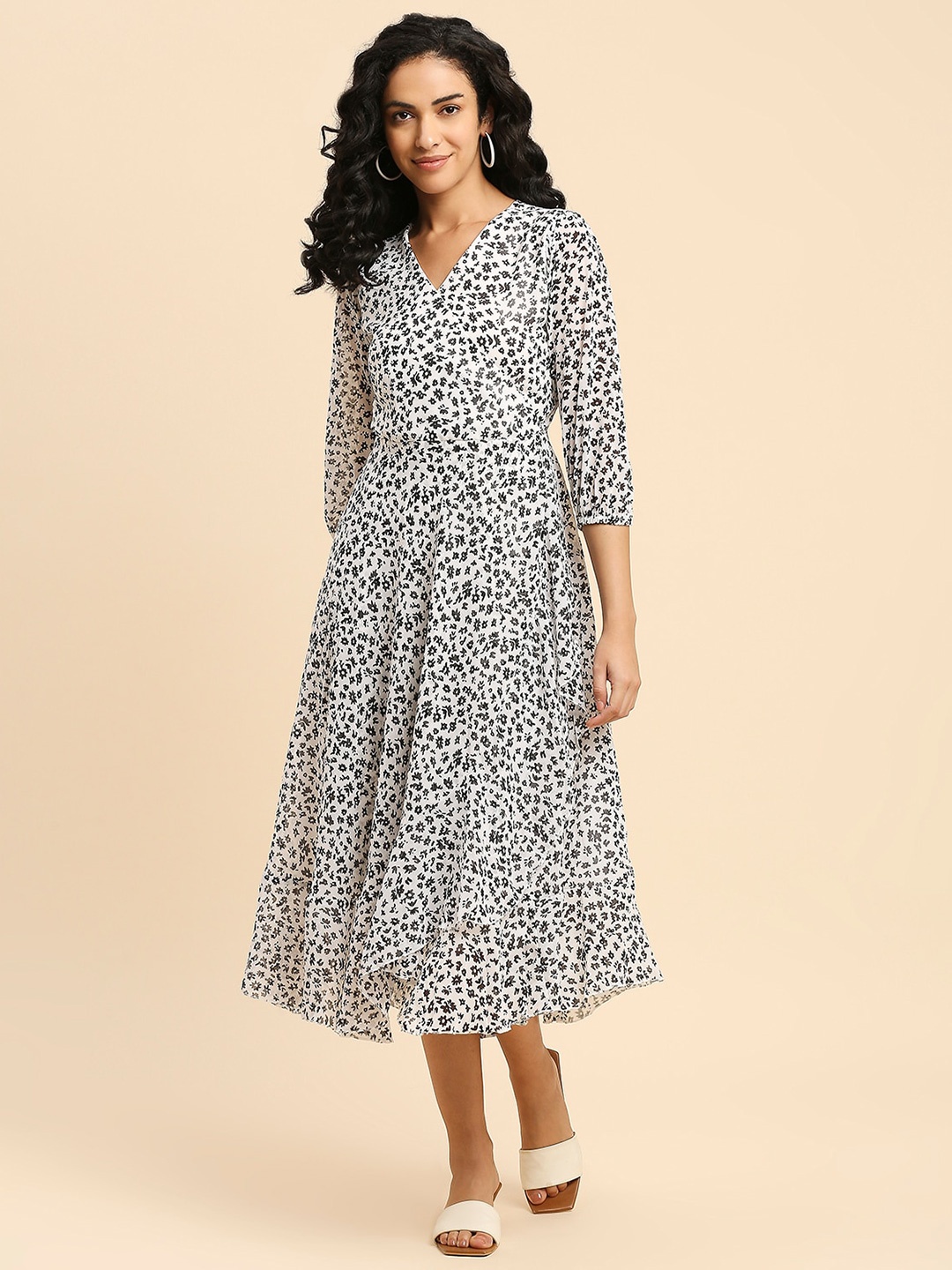 

GUFRINA Floral Printed Georgette A-Line Midi Dress, White