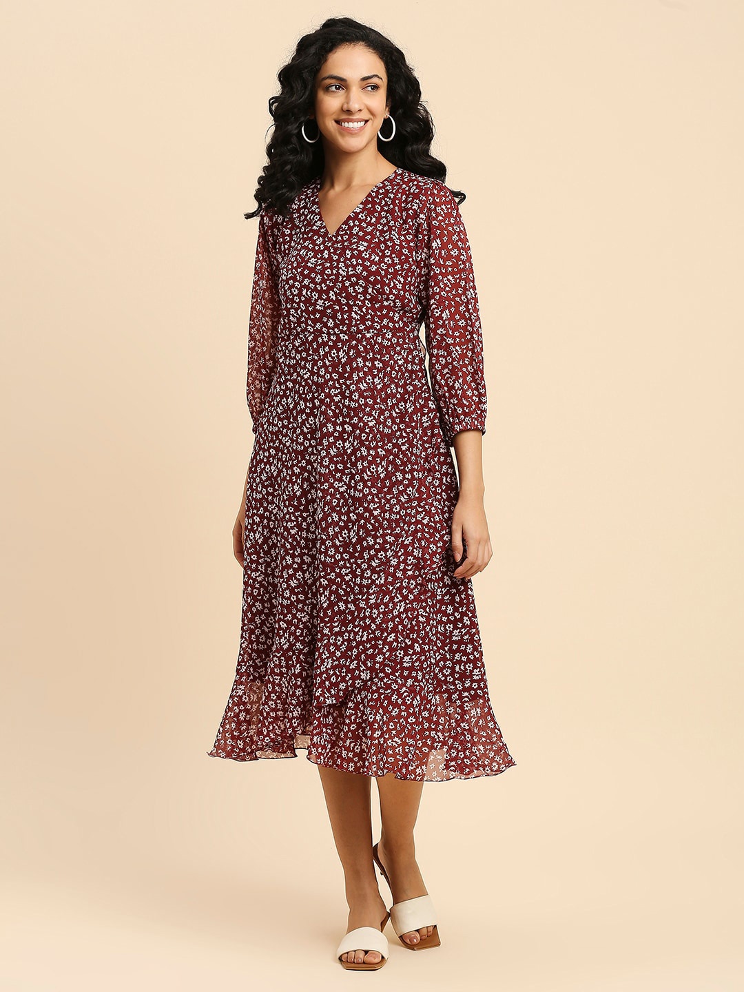 

GUFRINA Floral Printed Georgette A-line Midi Dress, Maroon