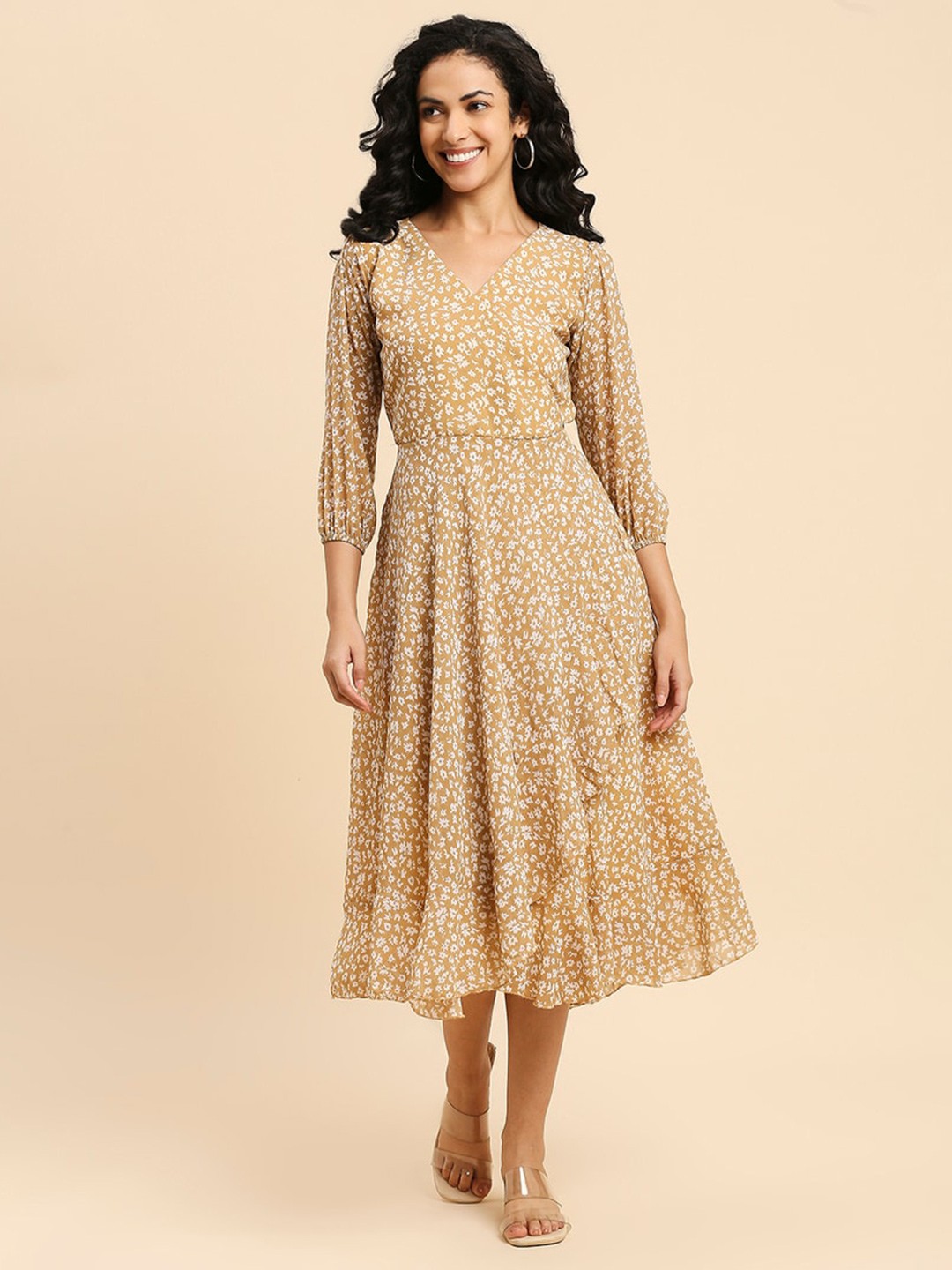

GUFRINA Floral Printed Georgette Fit & Flare Midi Dress, Yellow