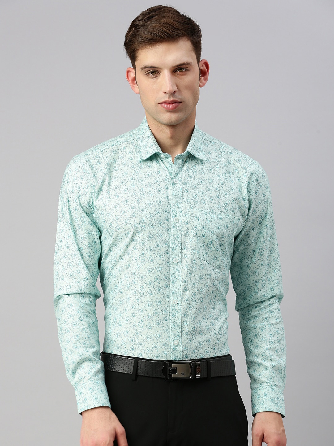 

ZEDD Floral Printed Cotton Formal Shirt, Green