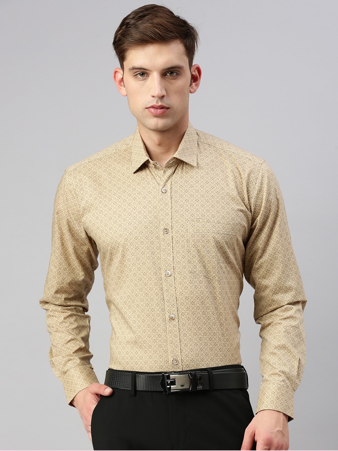 

ZEDD Floral Printed Cotton Formal Shirt, Beige
