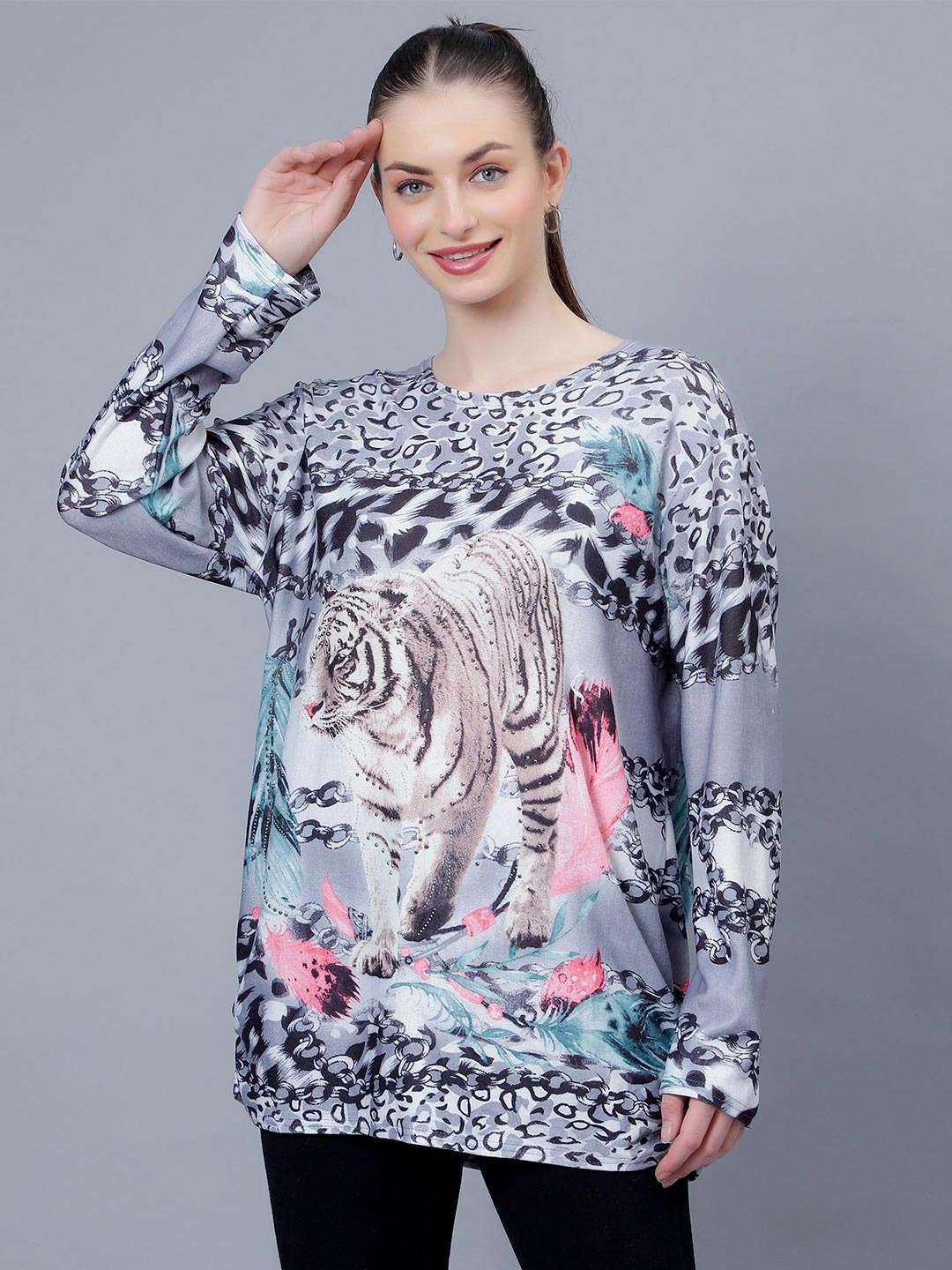 

Steele Graphic Printed Pure Cotton Casual Top, Grey