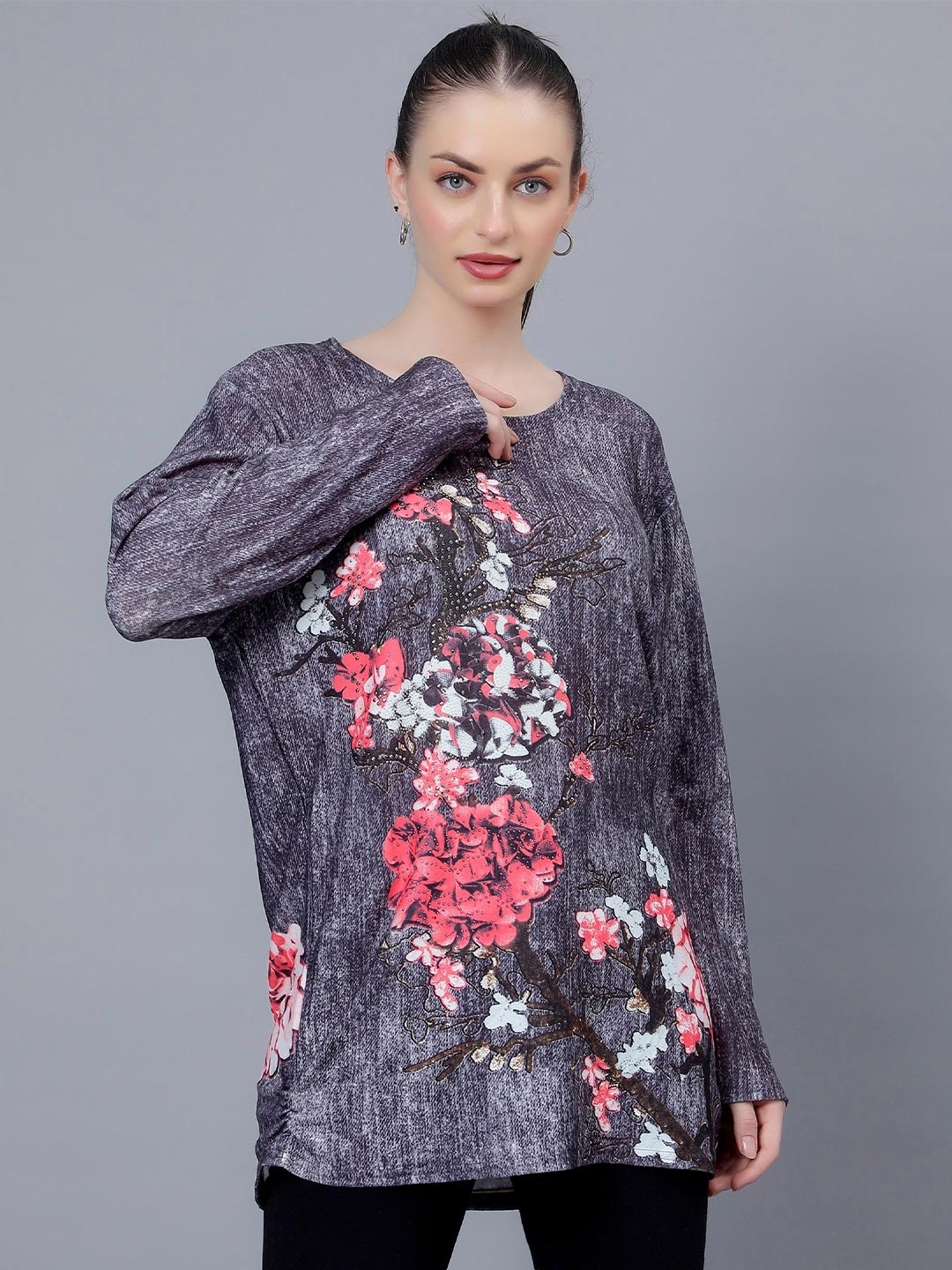 Steele Graphic Printed Pure Cotton Casual Top, Grey