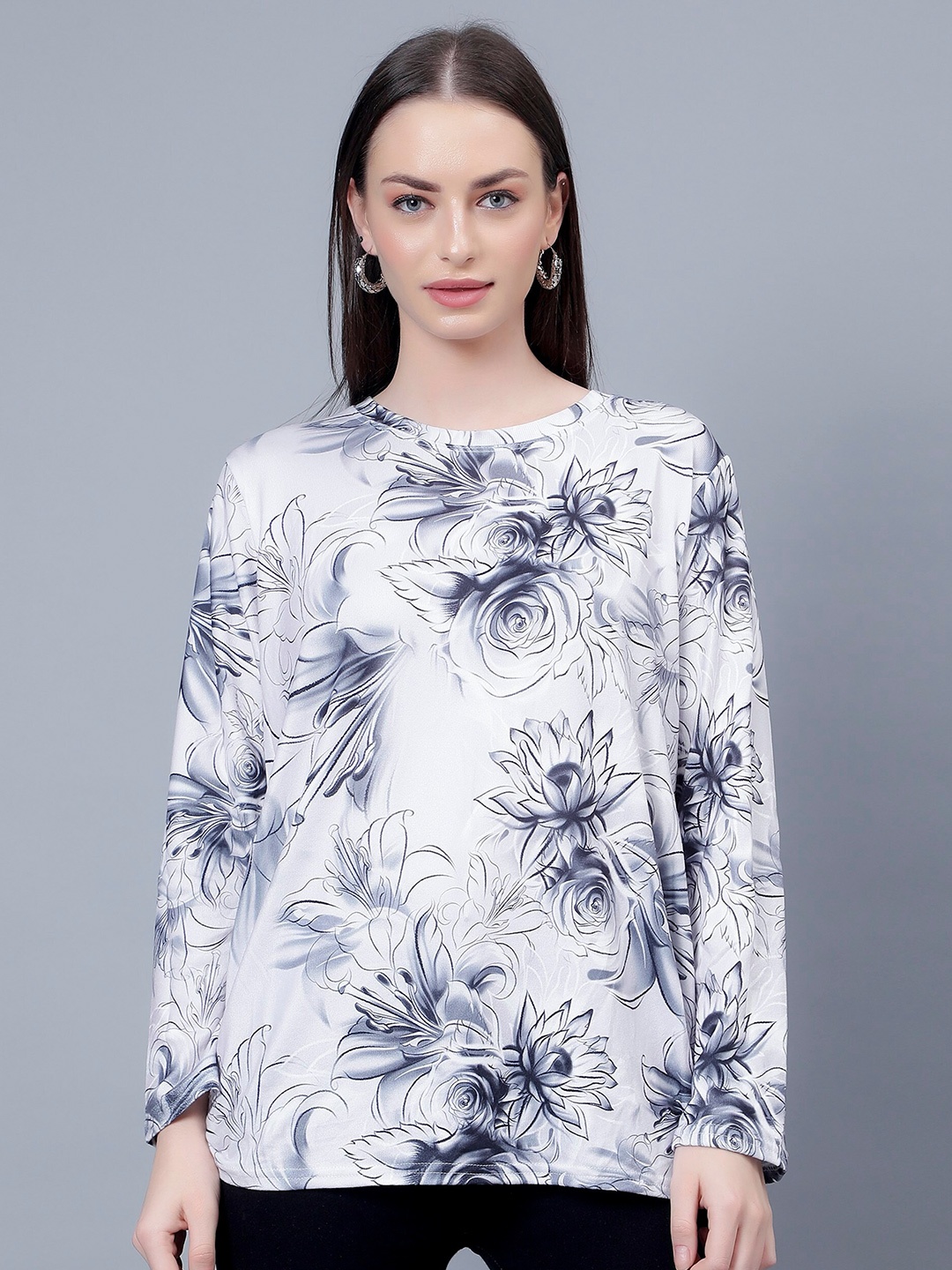 Steele Floral Printed Pure Cotton Casual Top, Grey