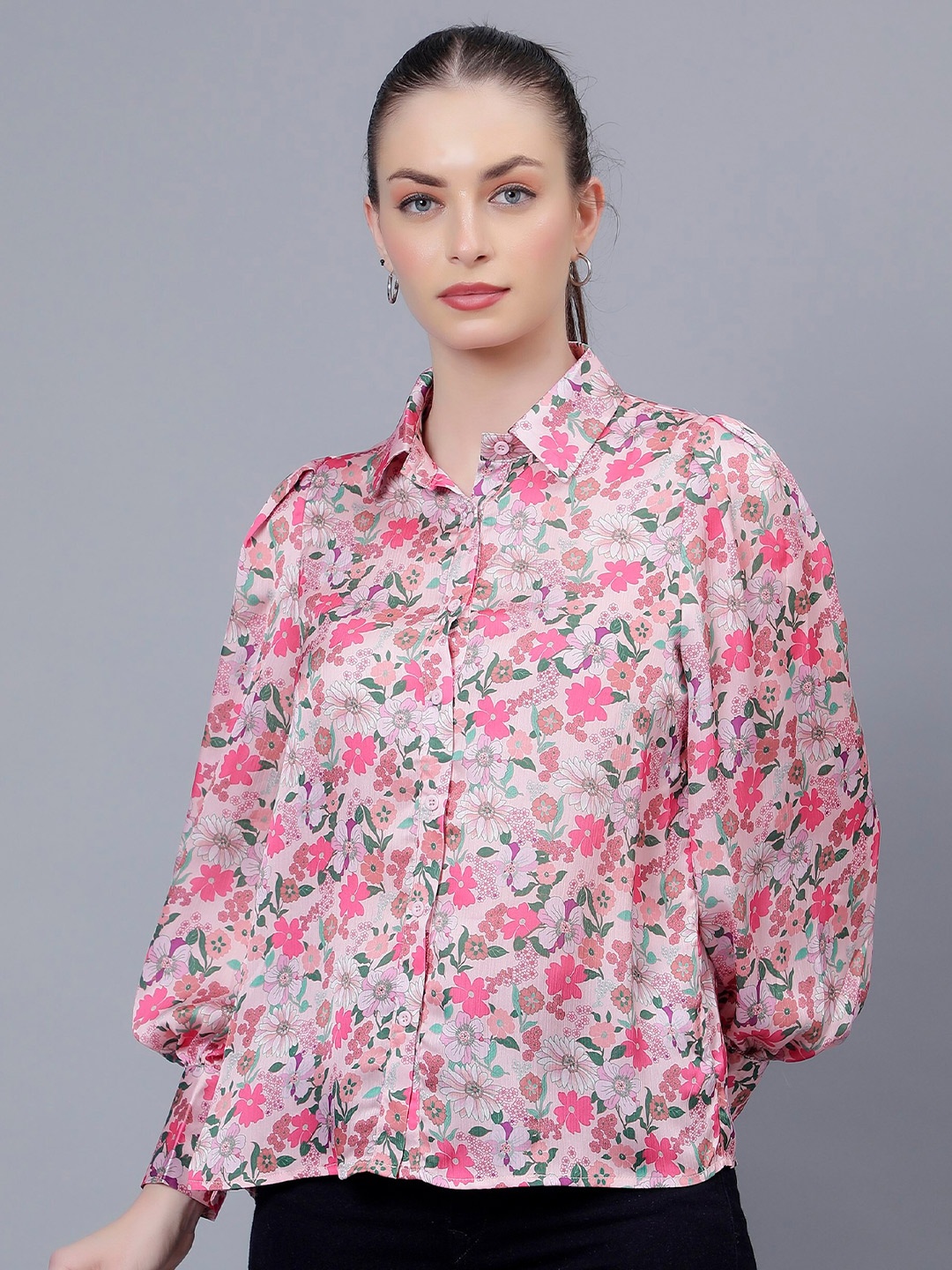 

Steele Floral Printed Shirt Collar Cuffed Sleeves Shirt Style Top, Pink