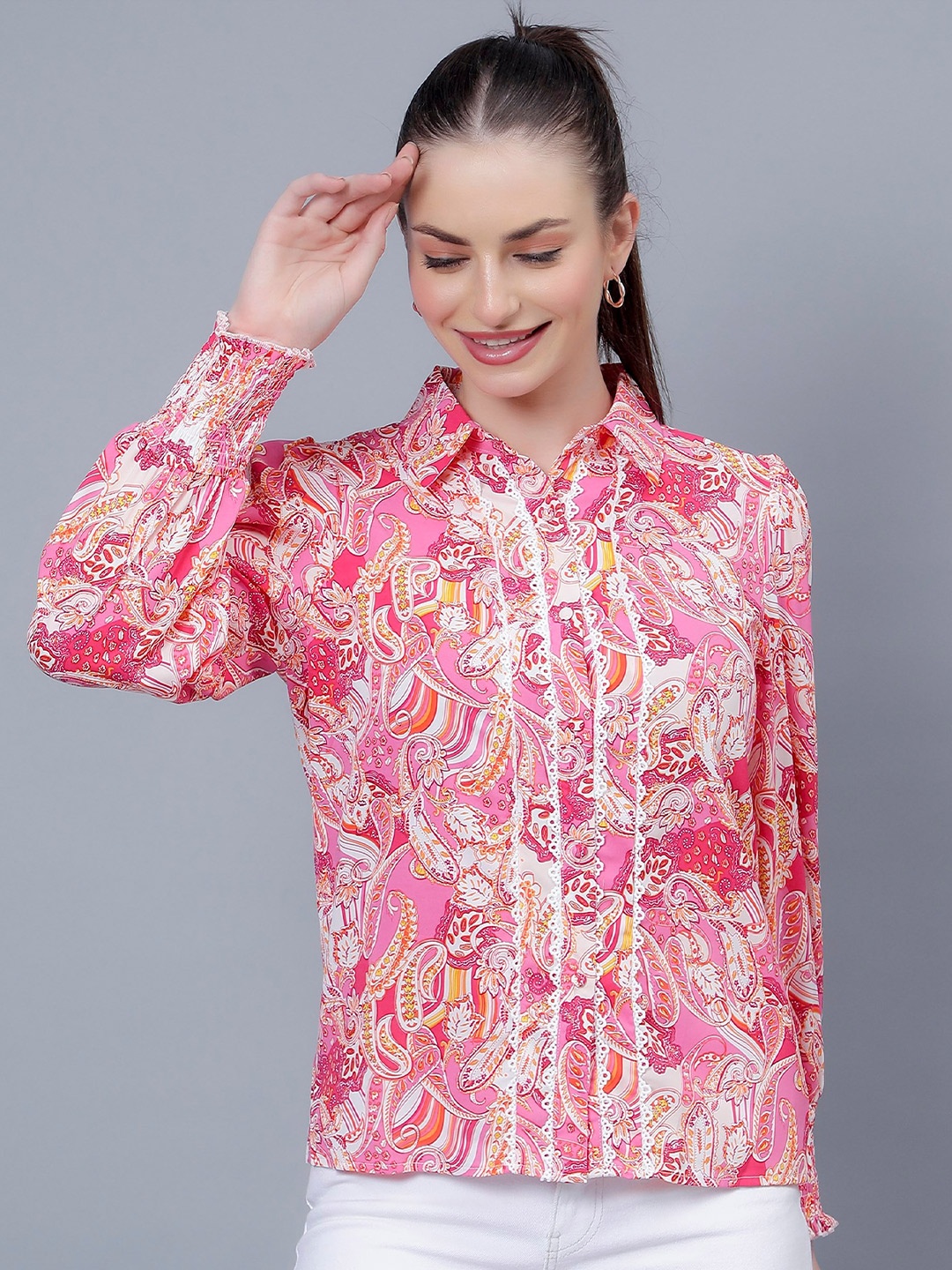 

Steele Floral Printed Shirt Collar Puff Sleeves Shirt Style Top, Pink