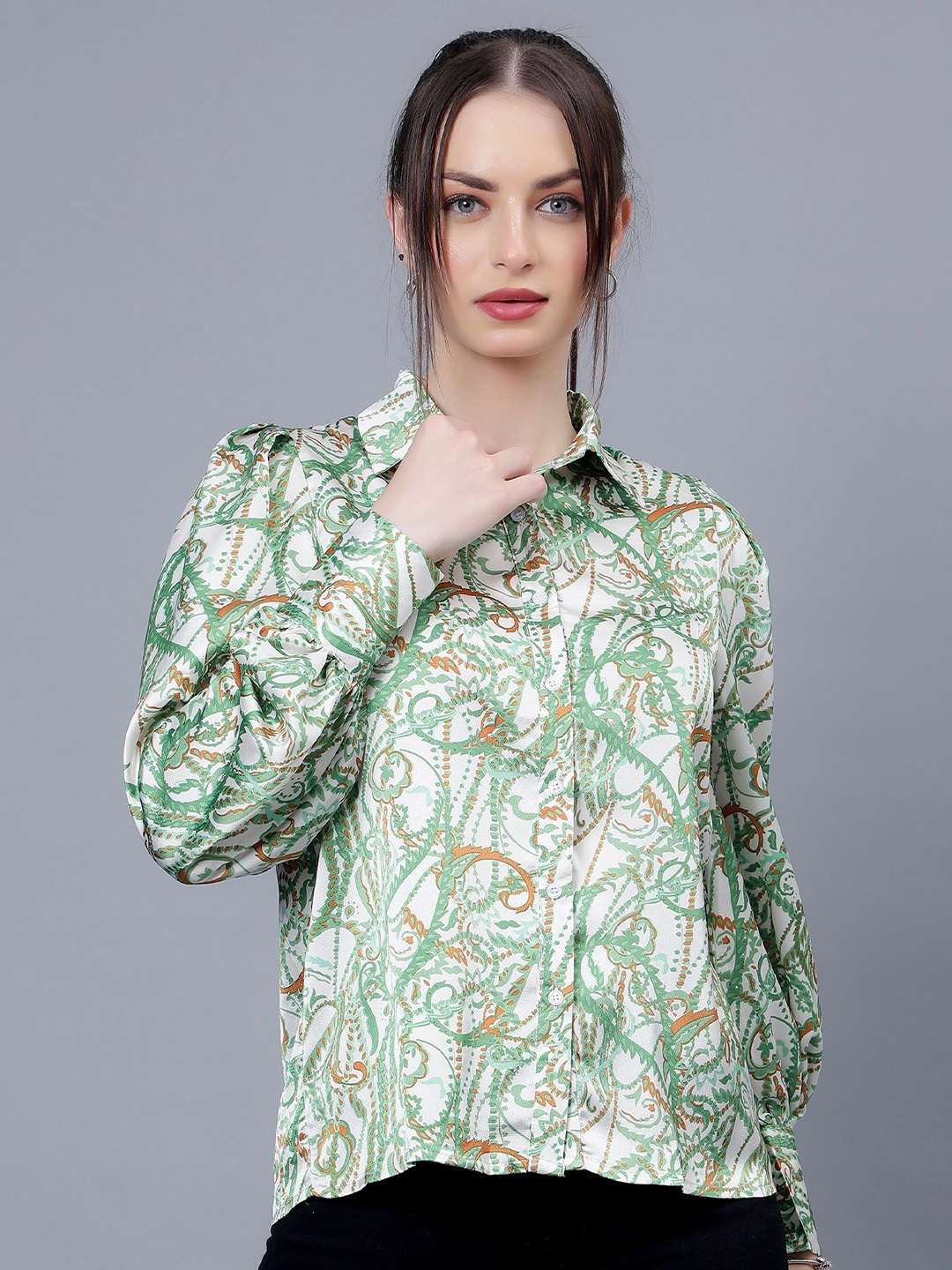 

Steele Tropical Printed Puff Sleeve Wrap Top, Green