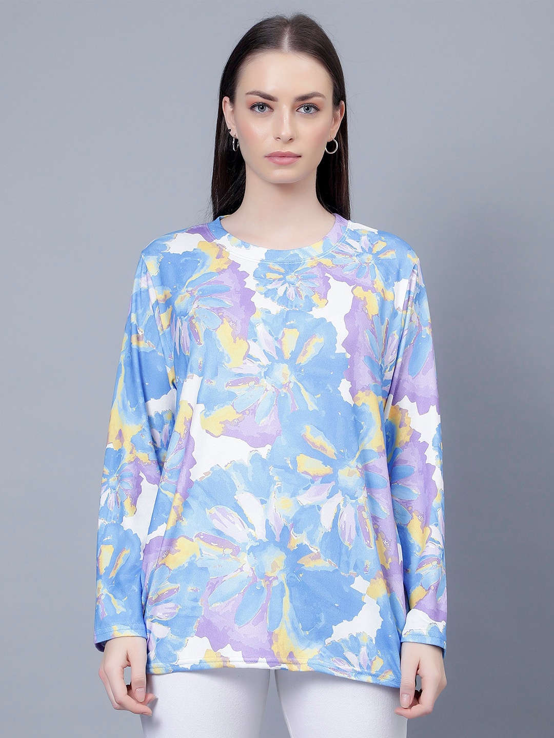 Steele Floral Printed Round Neck Boxy Top, Purple