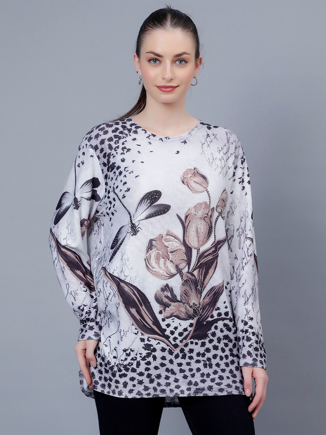 

Steele Floral Printed Round Neck Longline Top, Grey