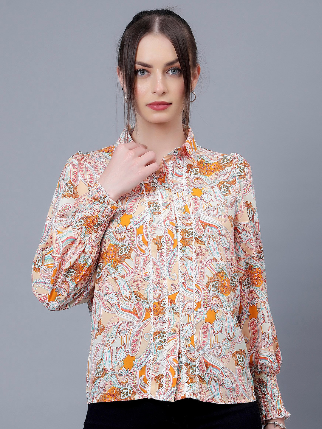 

Steele Floral Print Shirt Collar Shirt Style Top, Mustard
