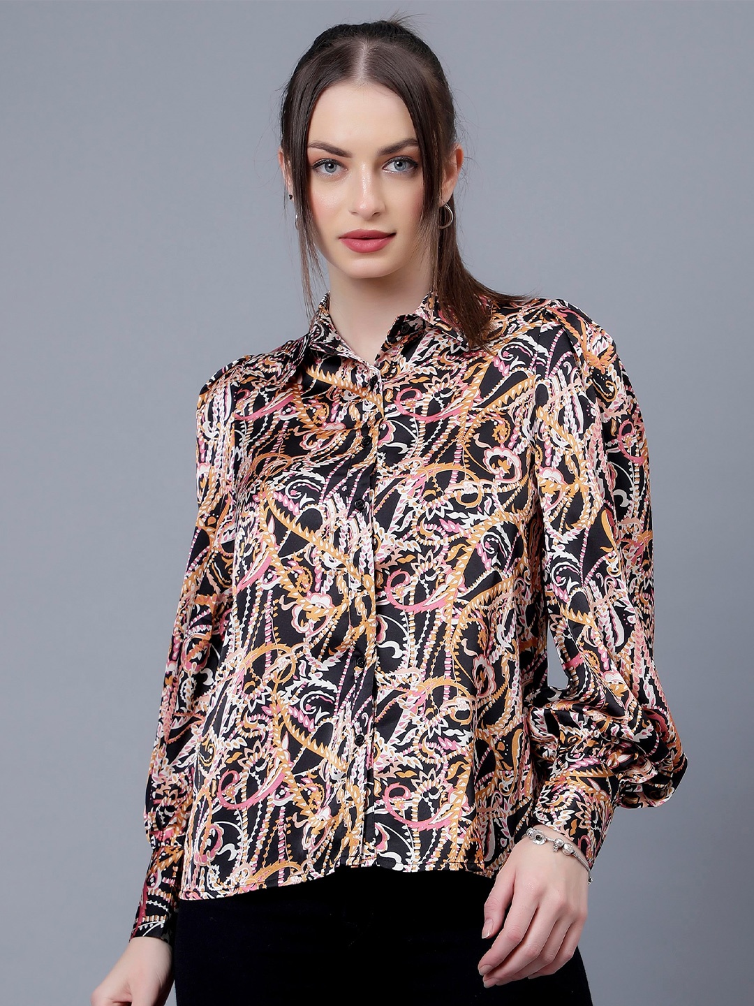 

Steele Animal Printed Shirt Collar Shirt Style Top, Black