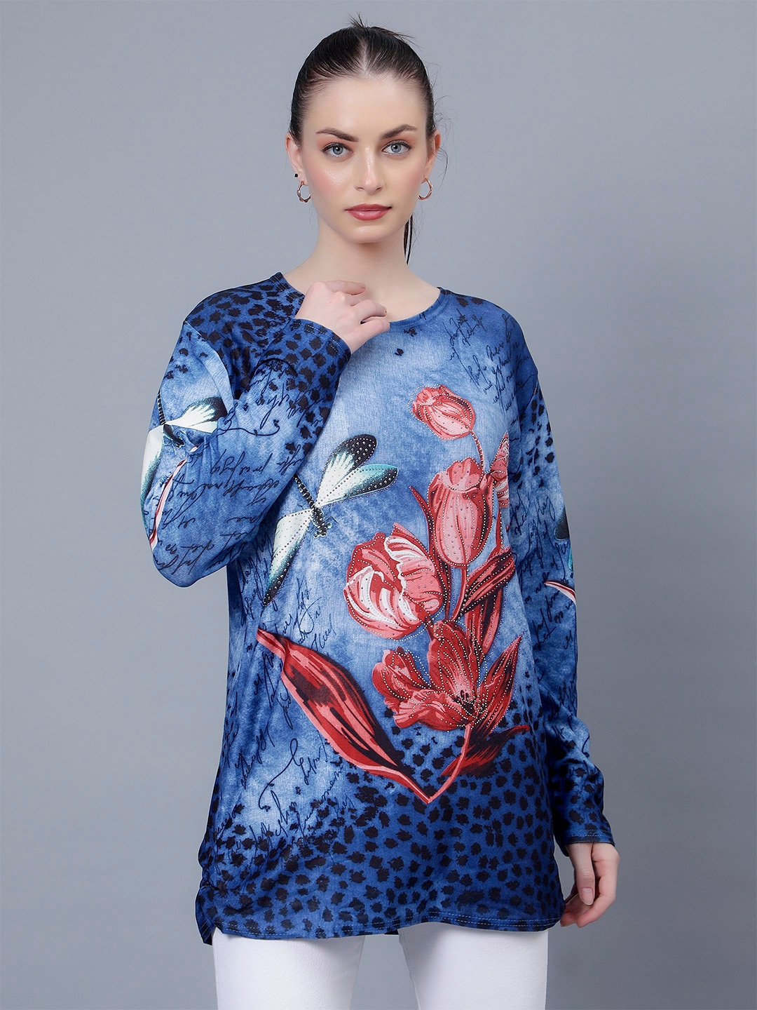 

Steele Floral Printed Round Neck Longline Top, Blue