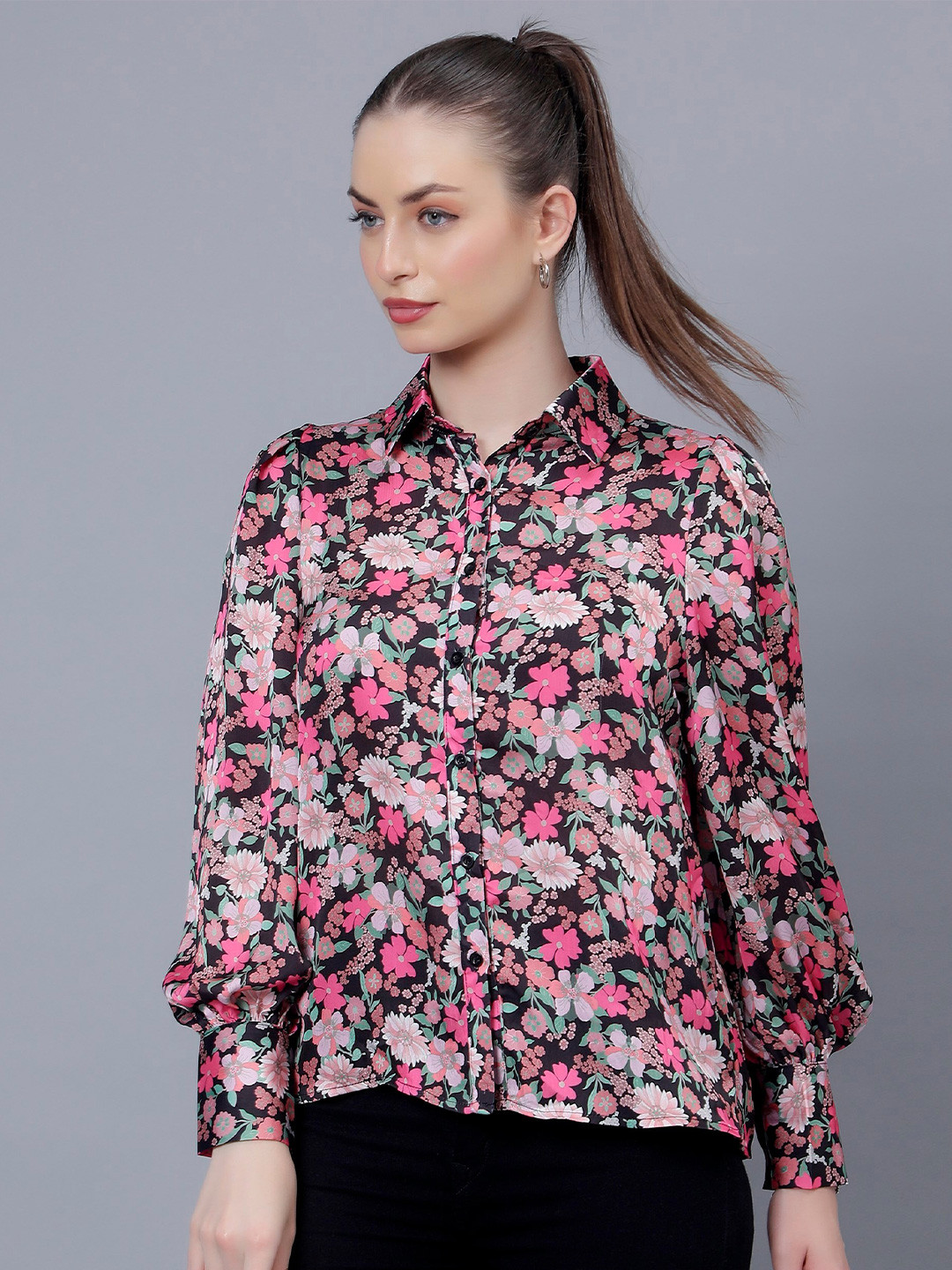 

Steele Floral Printed Shirt Collar Shirt Style Top, Black