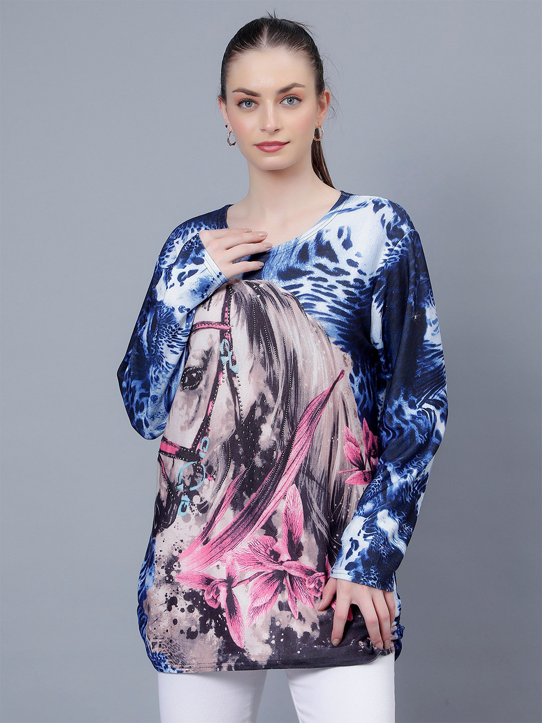 

Steele Conversational Printed Round Neck Long Sleeve Top, Blue