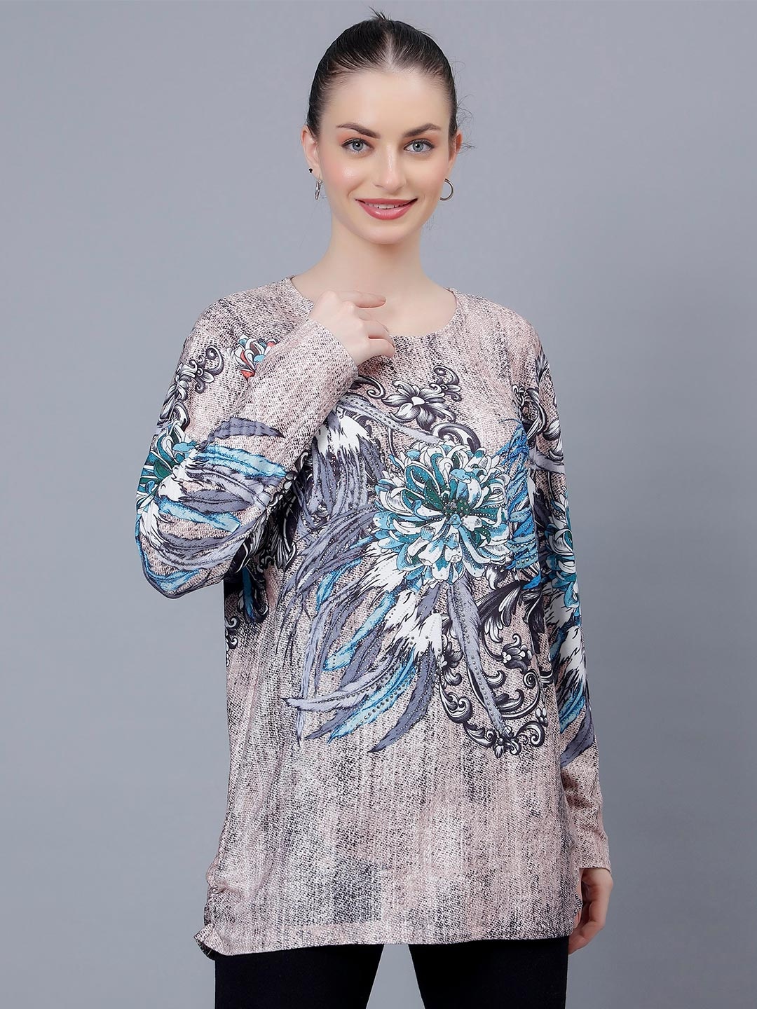 Steele Floral Printed Round Neck Long Sleeve Top, Beige