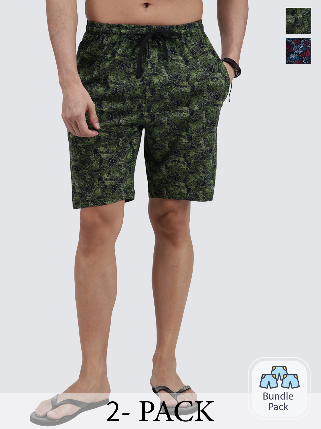 

AMUL COMFY Men Pack Of 2 Graphic Printed Cotton Shorts, Green