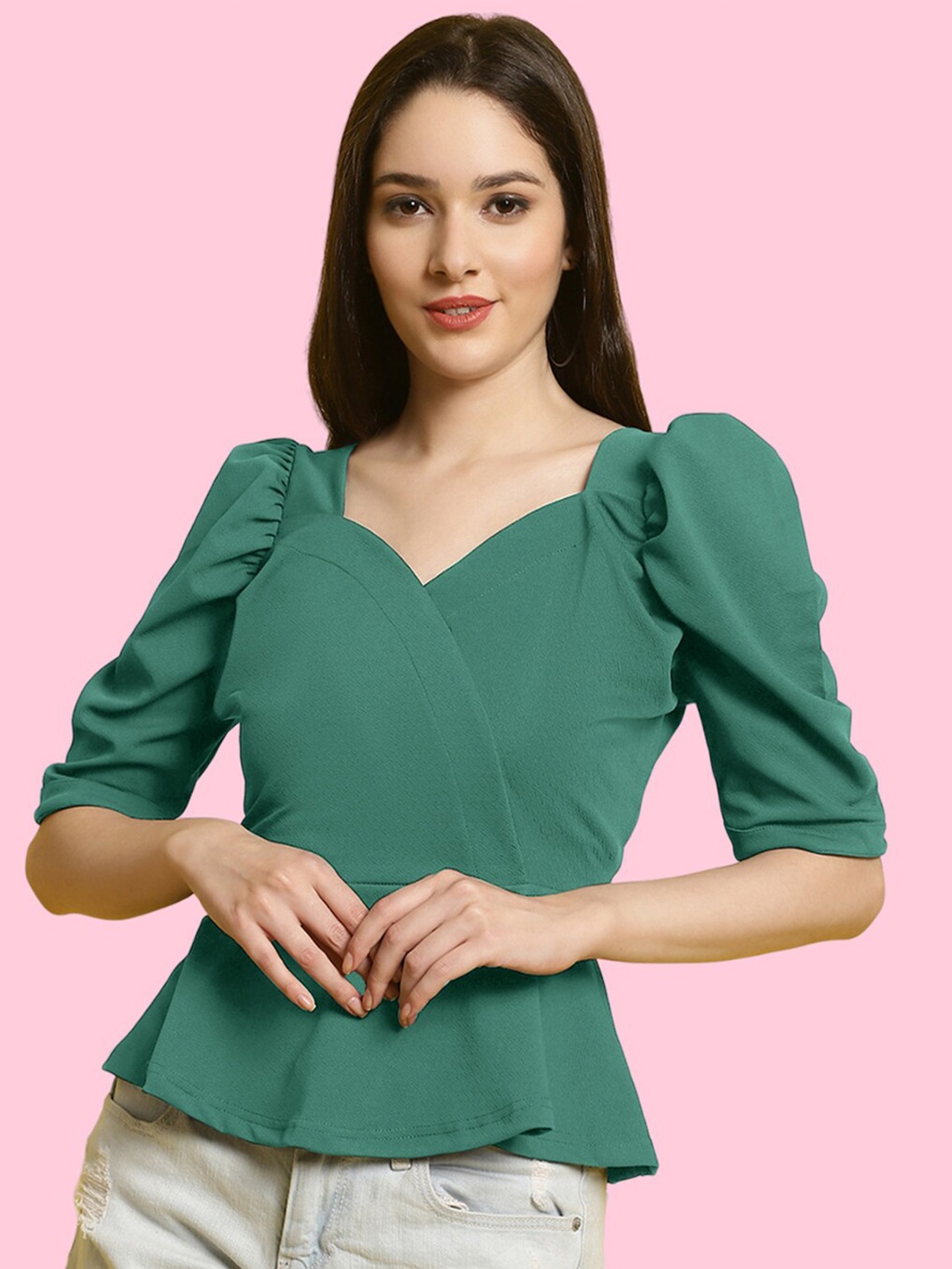 

Fabflee Women Sweetheart Neck Puff Sleeves Peplum Top, Sea green