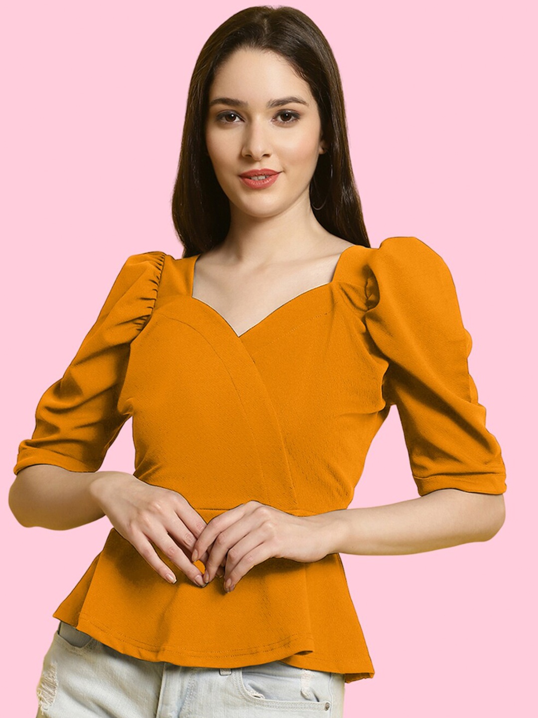 

Fabflee Puff Sleeve Sweetheart Neck Peplum Top, Mustard