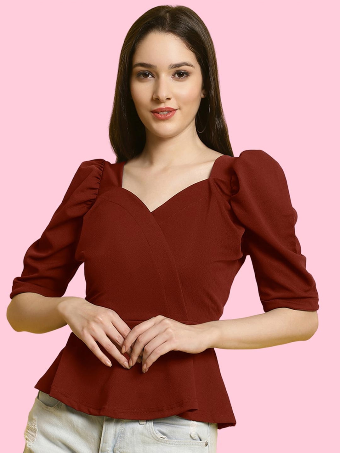 

Fabflee Sweetheart Neck Puff Sleeves Peplum Top, Maroon