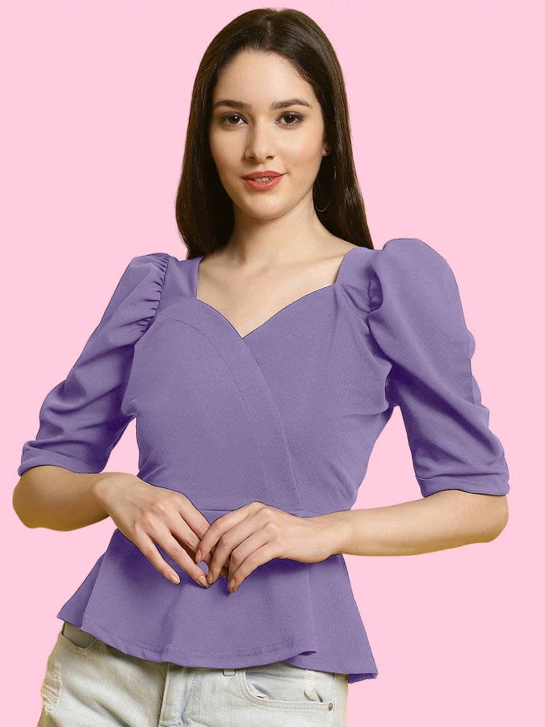 

Fabflee Sweetheart Neck Puff Sleeve Peplum Tops, Lavender