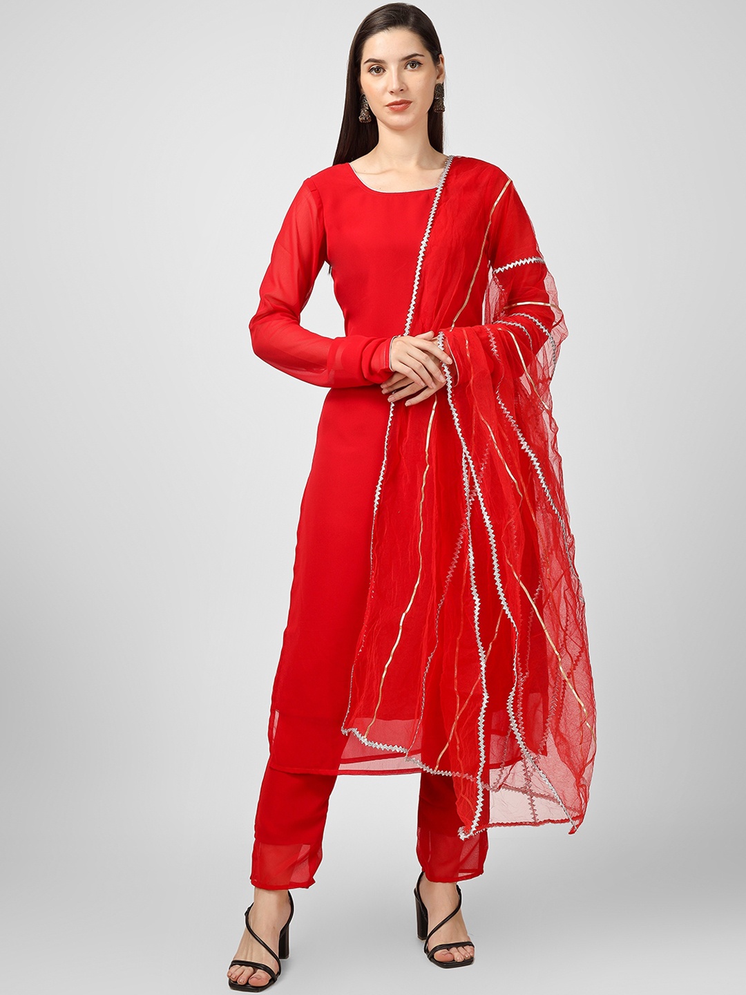 

CELEBRAVO Round Neck Long Sleeve Regular Kurta with Trousers & Dupatta, Red