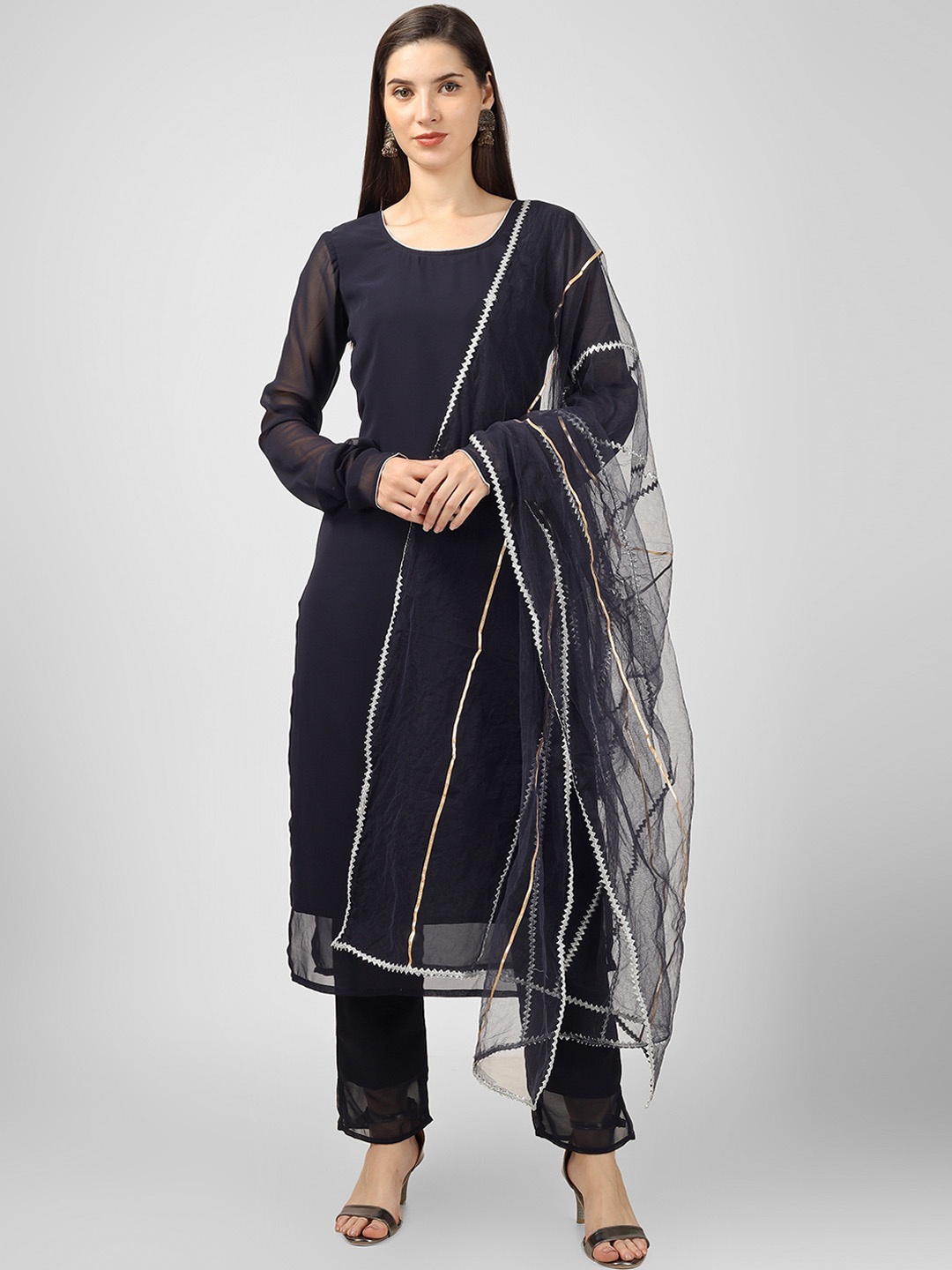 

CELEBRAVO Long Sleeves Straight Georgette Kurta with Trousers & Dupatta, Navy blue