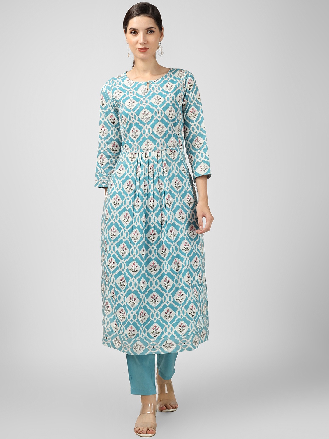 

CELEBRAVO Floral Printed A-Line Pleated Gotta Patti Pure Cotton Kurta Set, Blue