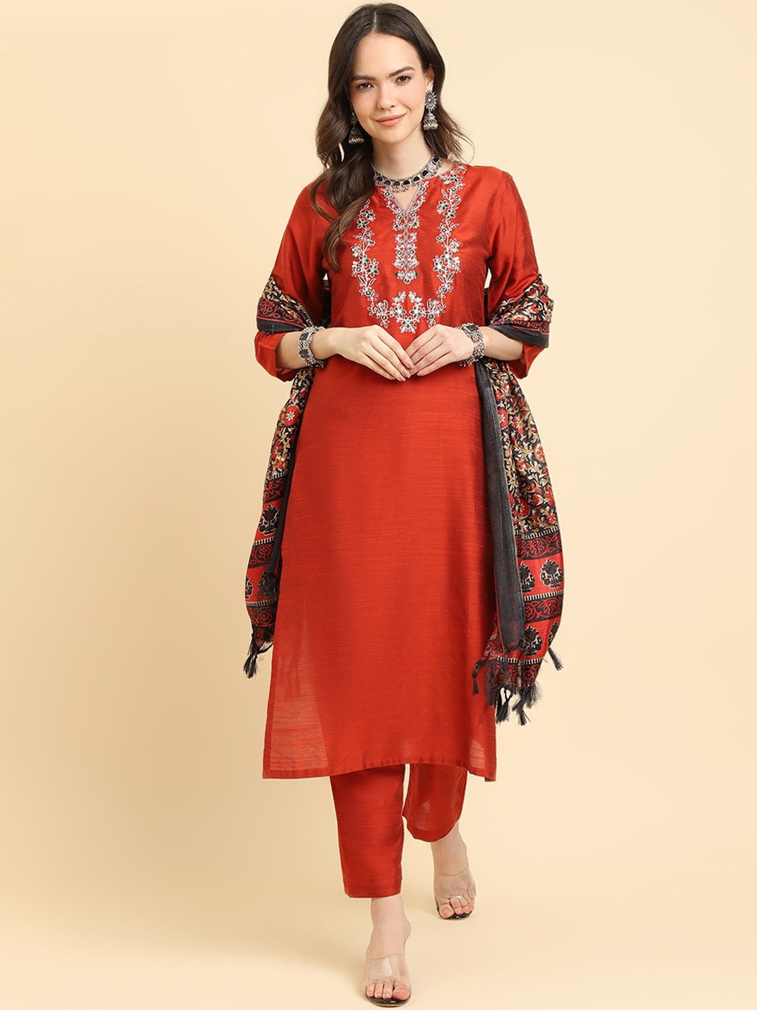 

Varanga Floral Yoke Design Thread Work Kurta with Trousers & With Dupatta, Rust