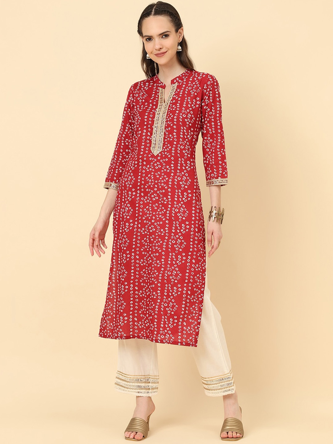 

Varanga Bandhani Printed Mandarin Collar Straight Pure Cotton Kurta, Red