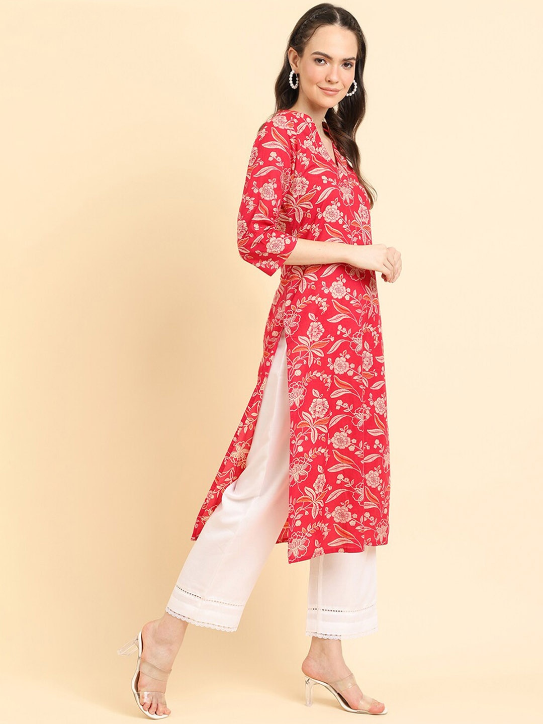 

Varanga Floral Printed V-Neck Cotton Kurta, Pink