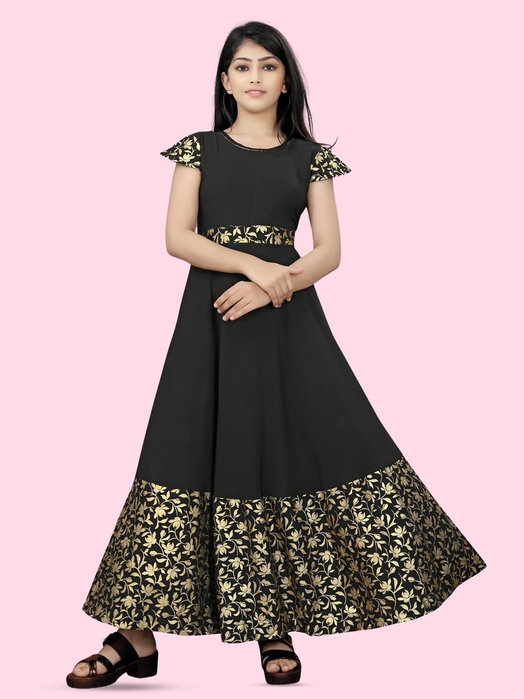 

BAESD Girls Floral Printed Short Sleeves Maxi Dress, Black