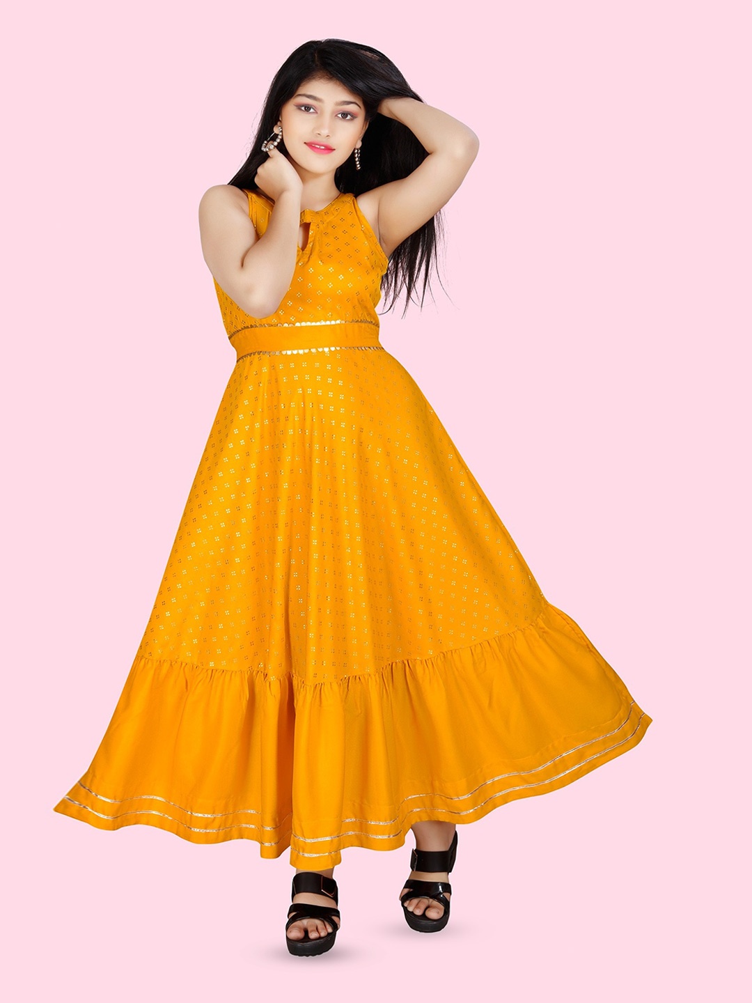 

BAESD Girls Ethnic Motifs Printed Keyhole Neck Tie-Ups Maxi Dress, Yellow