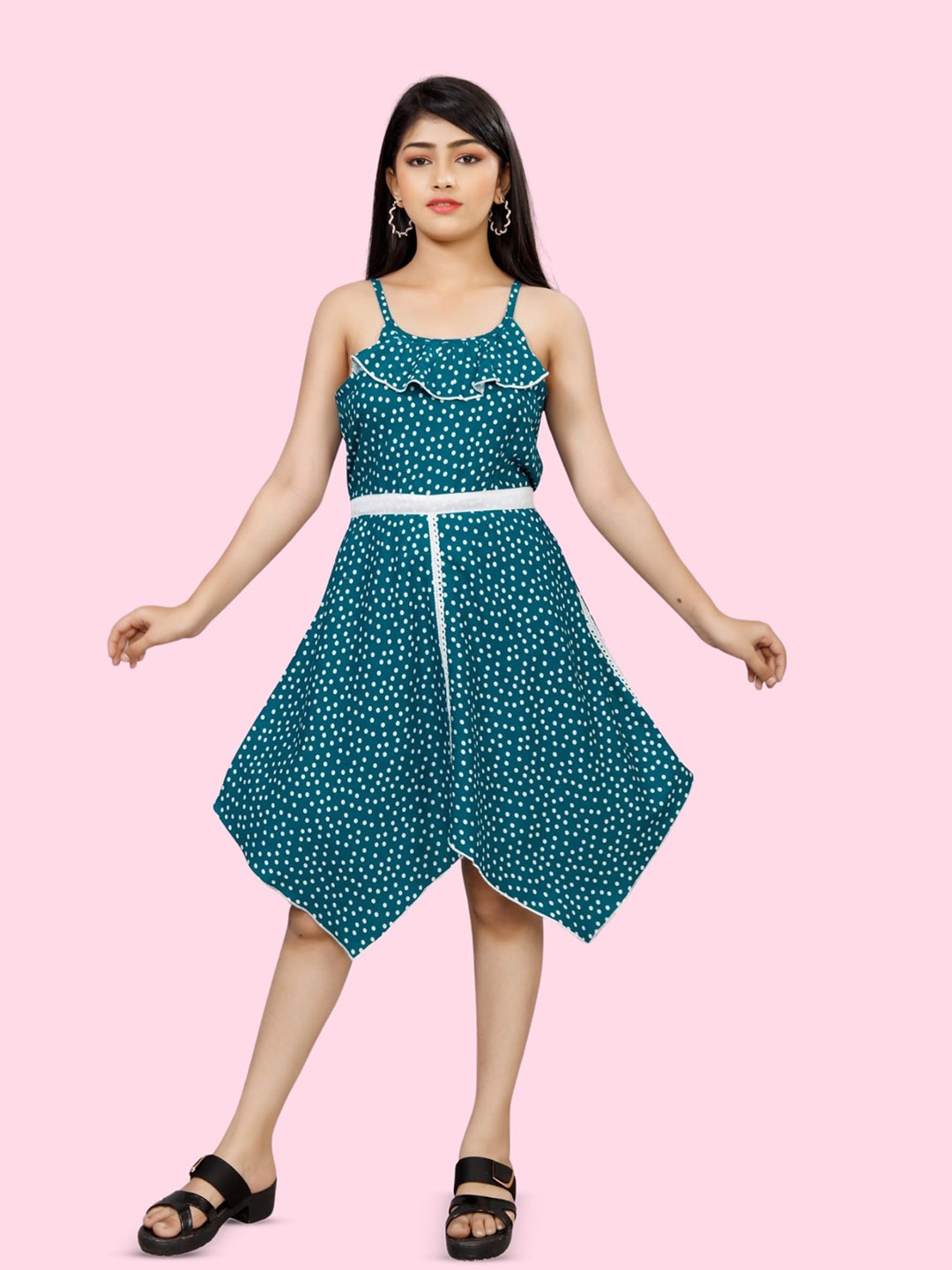 

BAESD Girls Polka Dots Printed Shoulder Strapped A-Line Dress, Teal