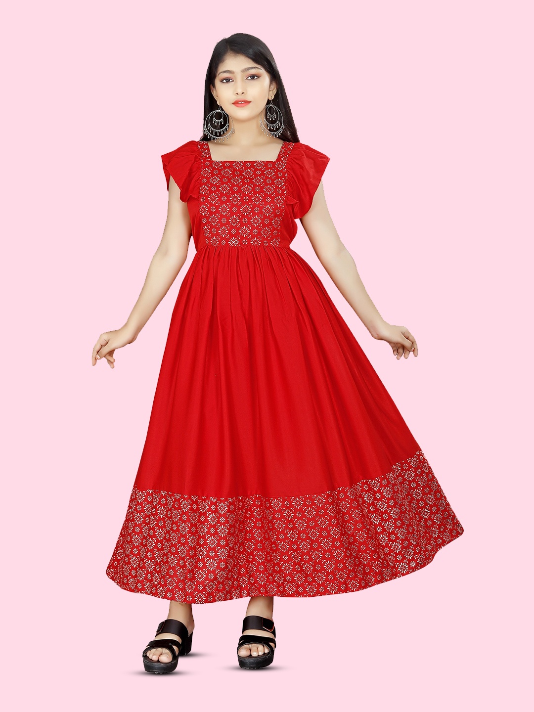 

BAESD Ethnic Motifs Printed Flared Sleeves Square Neck Fit & Flare Maxi Dress, Red