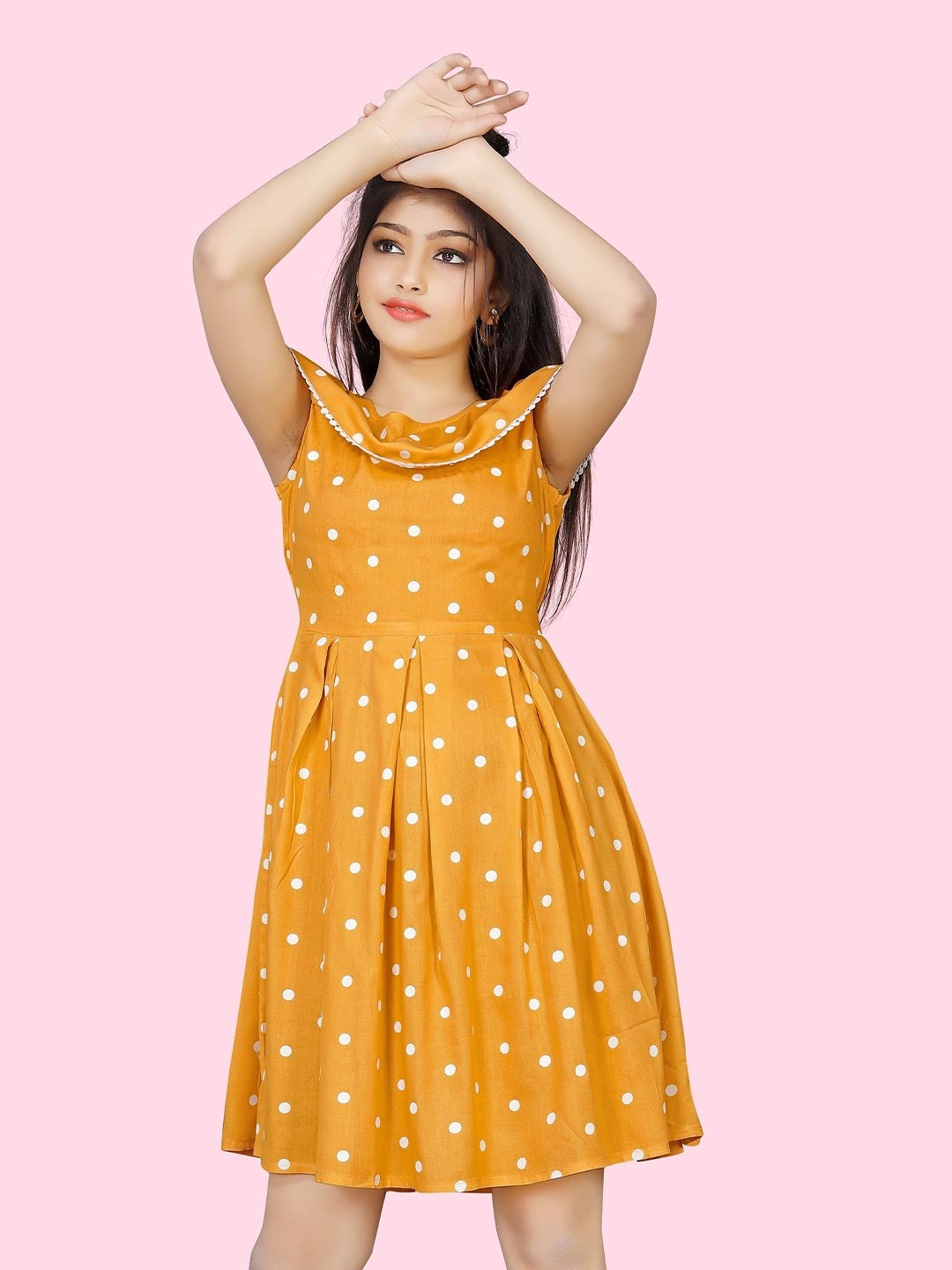 

BAESD Girls Polka Dot Printed Cold-Shoulder Sleeves A-Line Dress, Yellow